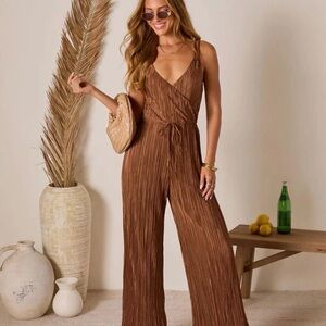 Jacelyn Plisse Drawstring Jumpsuit - Brown / L VICI